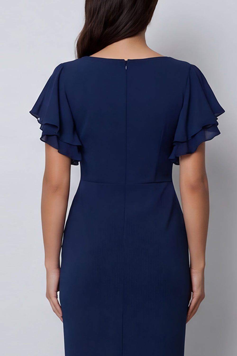 Navy Pencil Ruffled V Neck Midi Work Dress with Slit