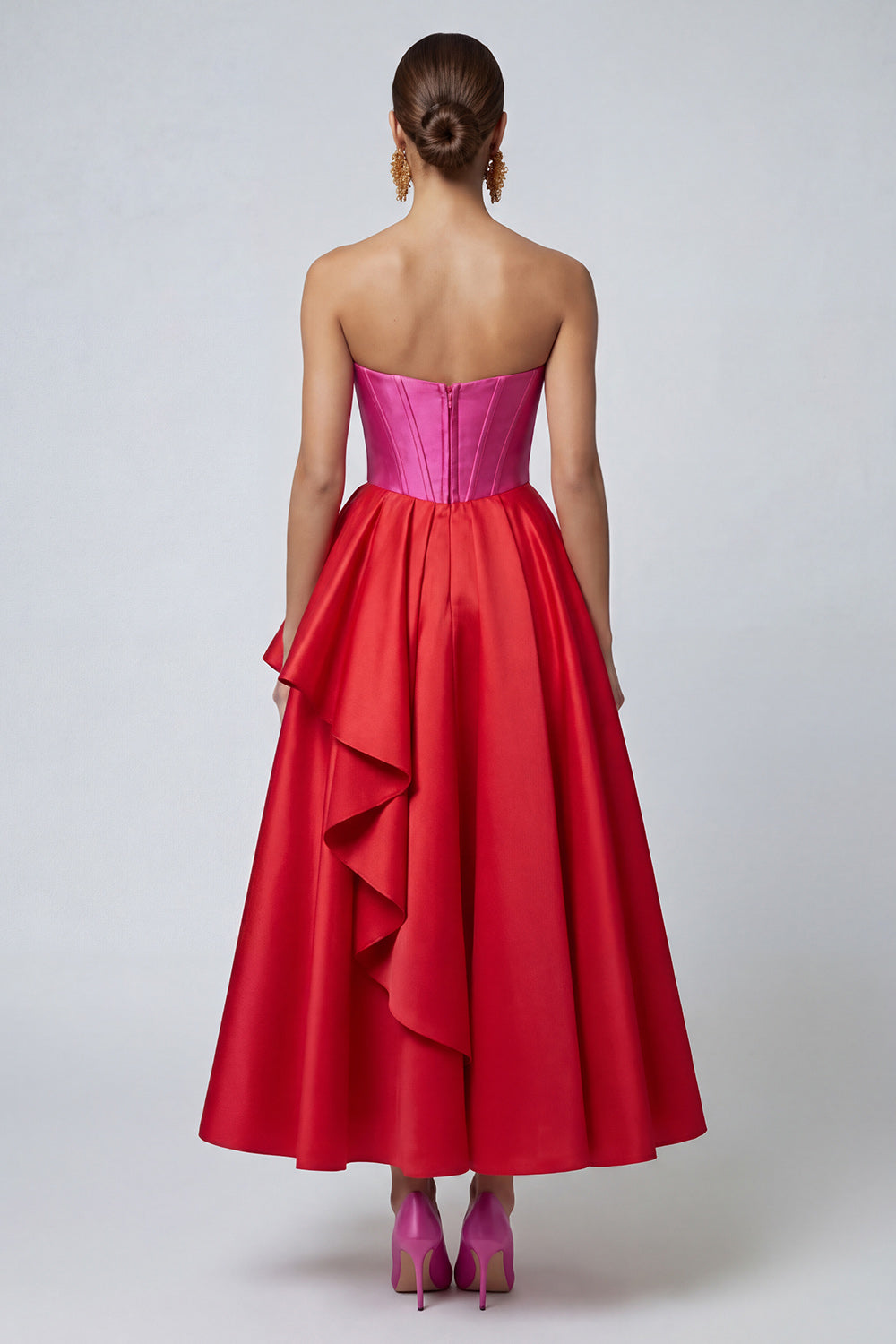 Fuchsia and Red Ruffled A Line Corset Patchwork Long Evening Dress