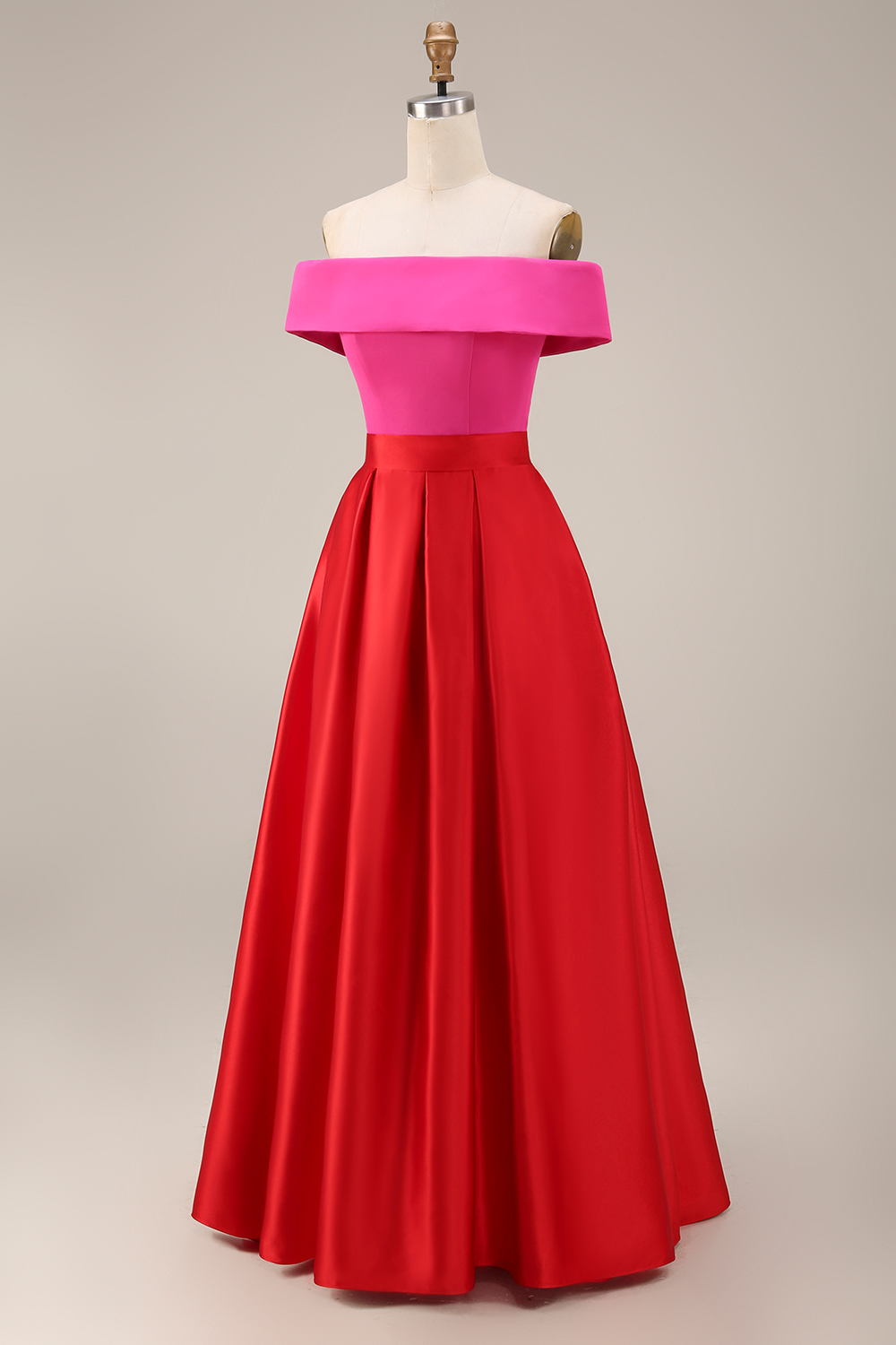 Fuchsia and Red A Line Patchwork Off the Shoulder Maxi Evening Dress with Pockets