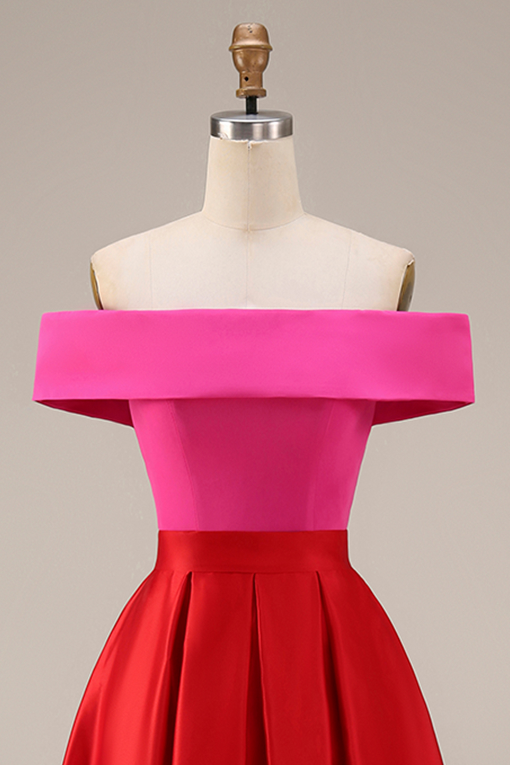 Fuchsia and Red A Line Patchwork Off the Shoulder Maxi Evening Dress with Pockets