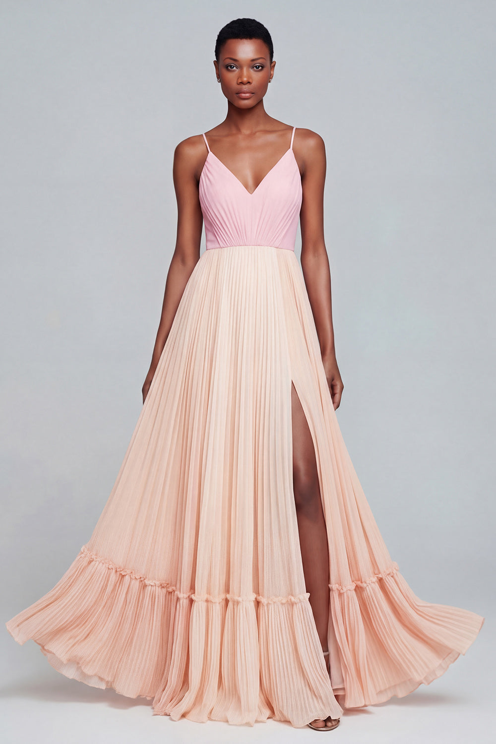 Pink and Champagne Chiffon Patchwork Pleated Long Wedding Guest Dress with Slit