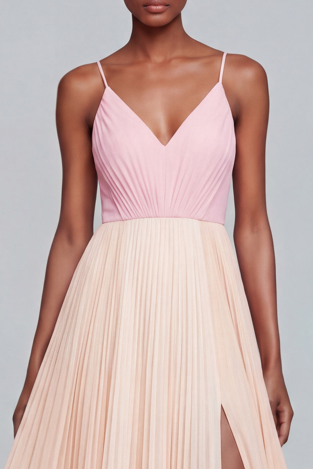 Pink and Champagne Chiffon Patchwork Pleated Long Wedding Guest Dress with Slit