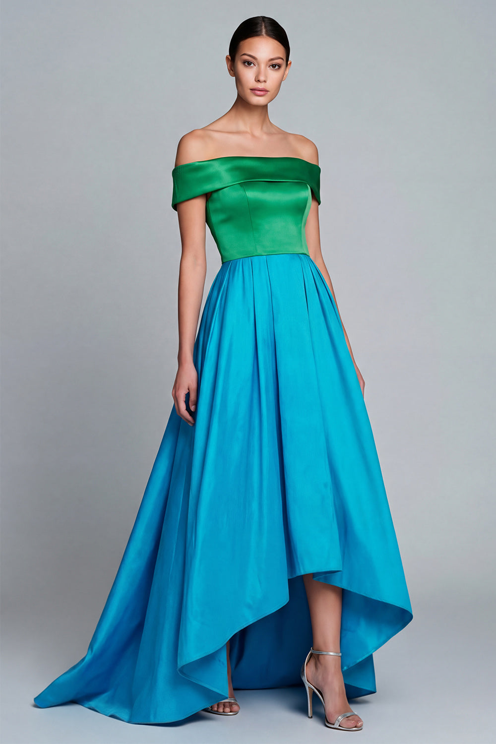 Green and Blue A Line Patchwork Off the Shoulder High Low Formal Dress