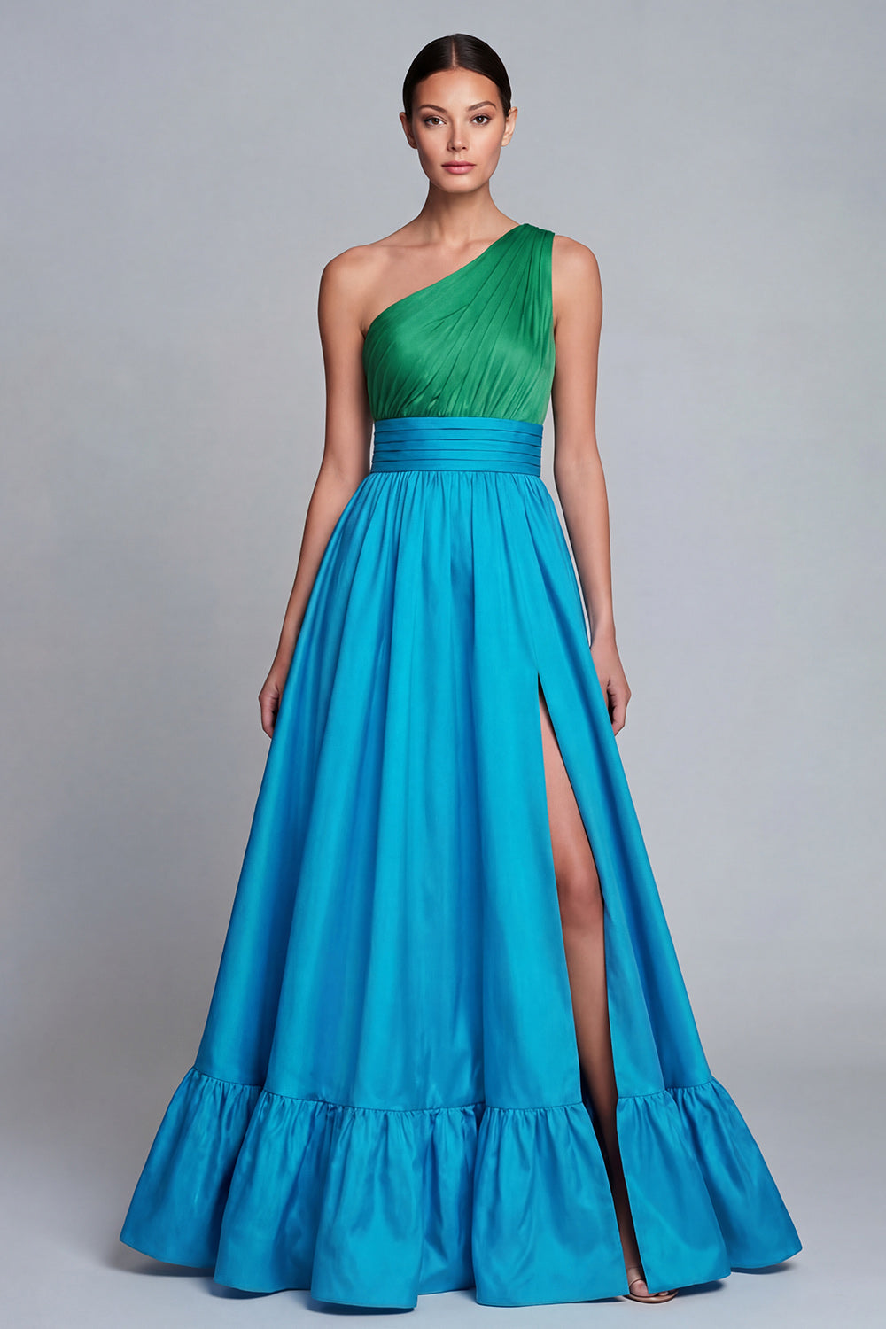 Green and Blue A Line Satin Patchwork Long Formal Dress with Slit