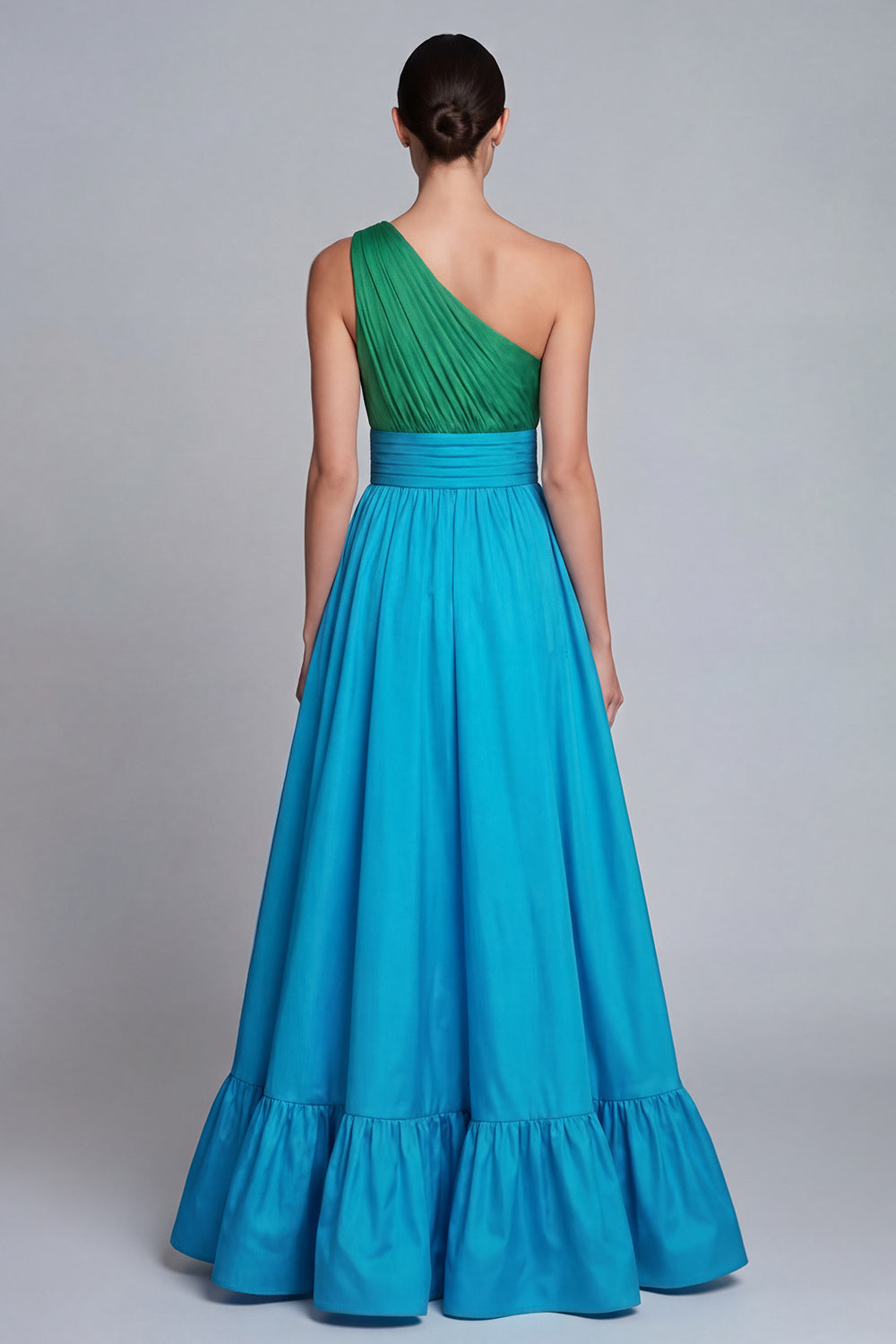 Green and Blue A Line Satin Patchwork Long Formal Dress with Slit