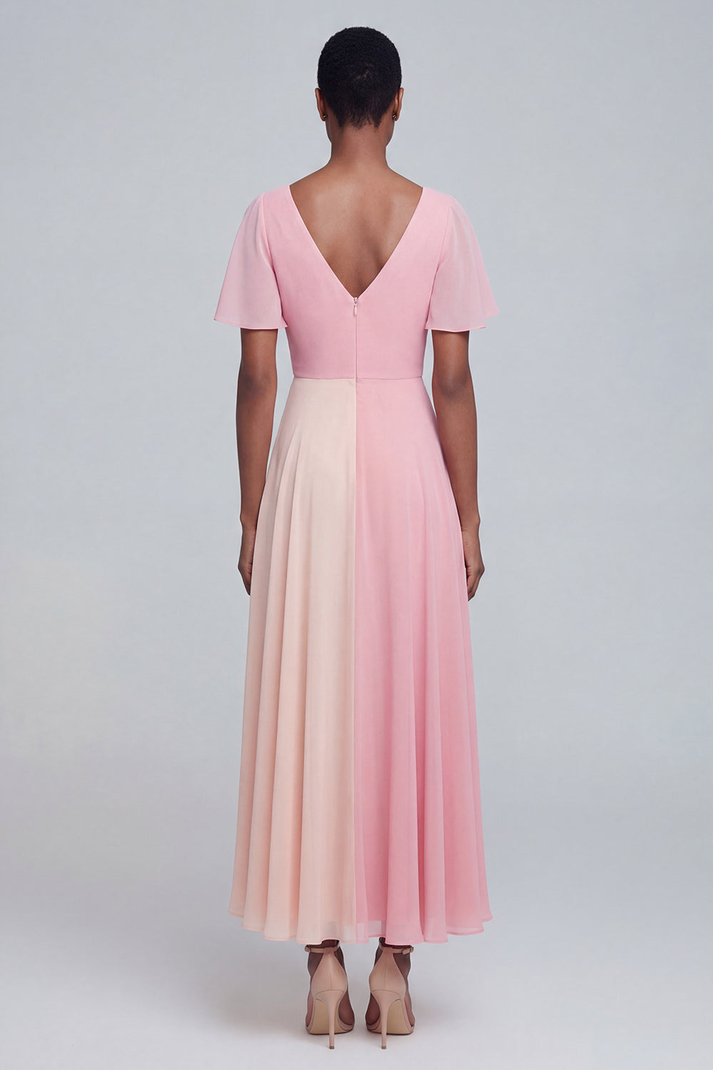 Pink Chiffon Patchwork A Line Flutter Sleeves Long Wedding Guest Dress