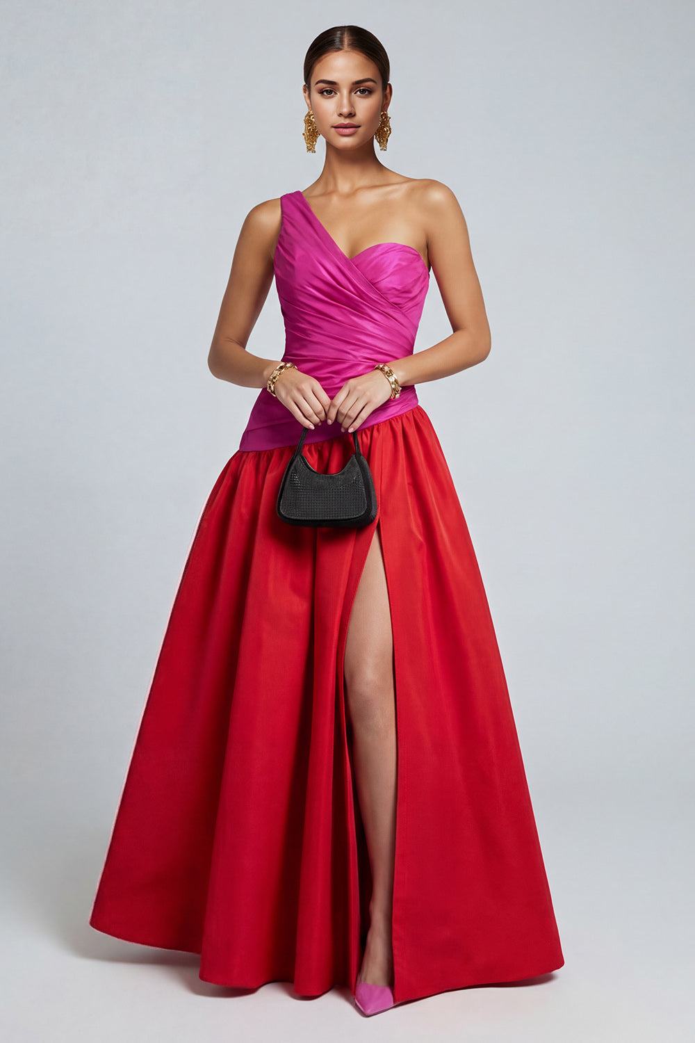 Fuchsia and Red A Line Satin Patchwork Long Evening Dress with Slit
