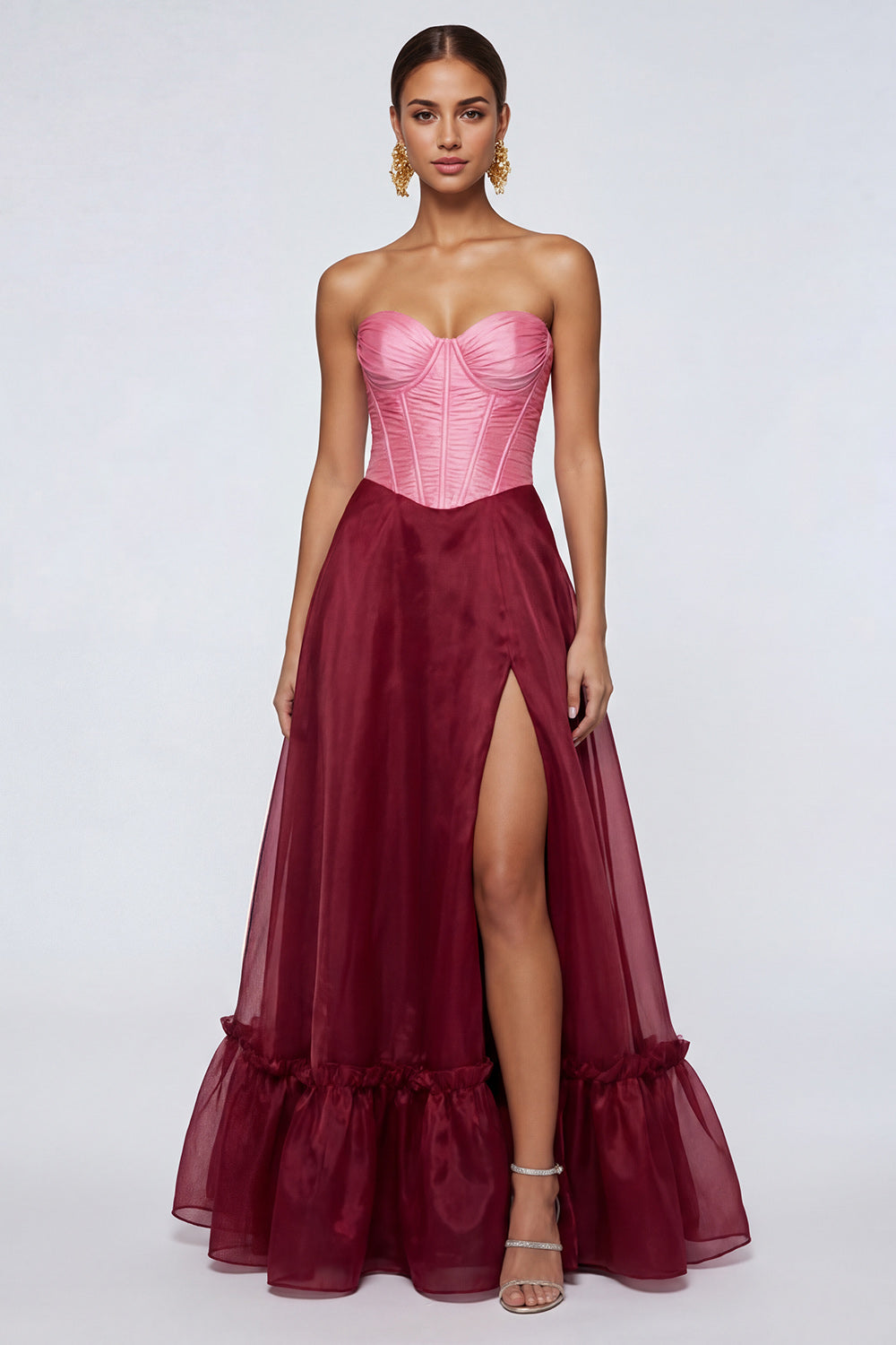 Pink and Burgundy Corset A Line Patchwork Long Evening Dress with Ruffles