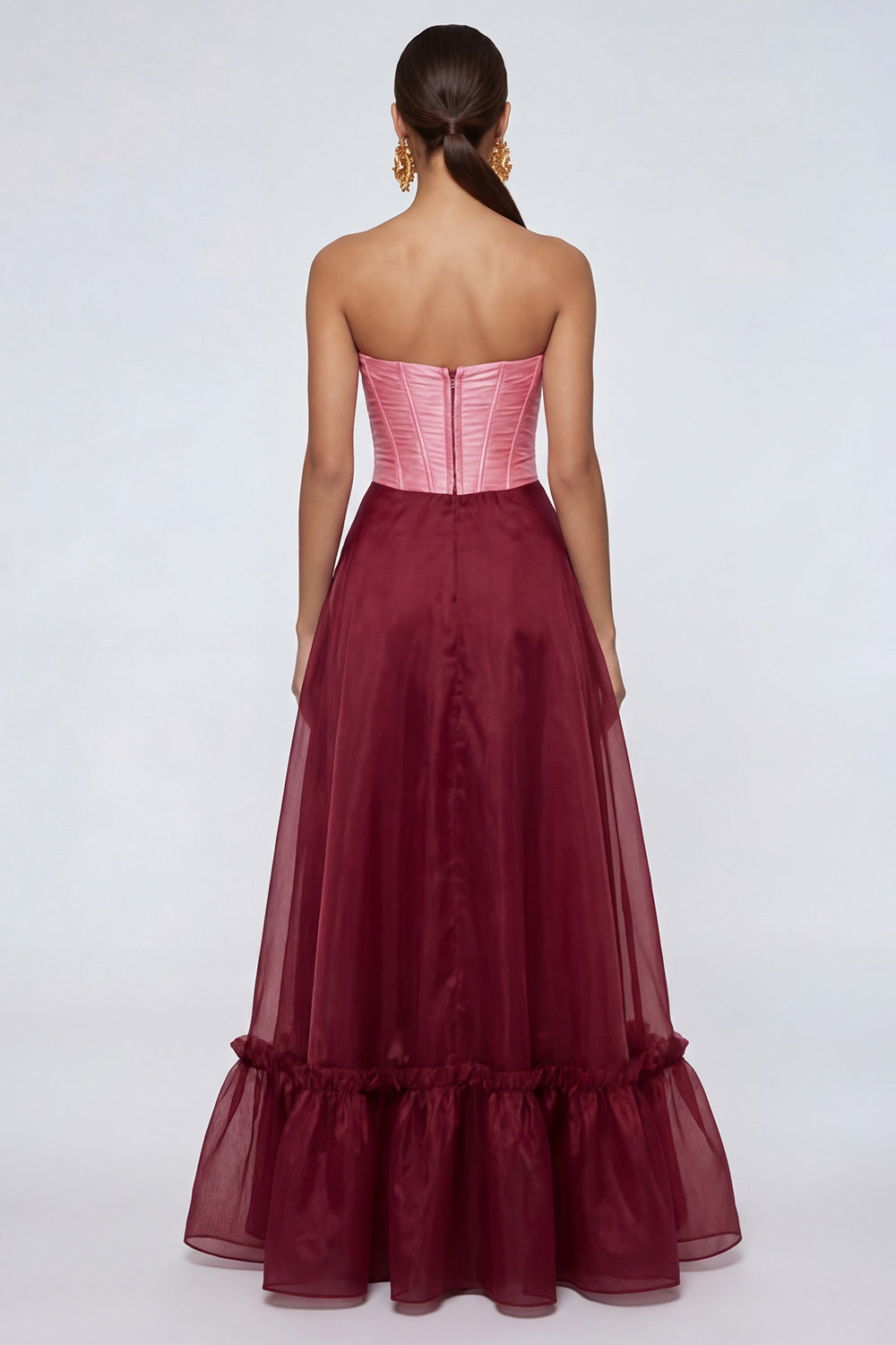 Pink and Burgundy Corset A Line Patchwork Long Evening Dress with Ruffles