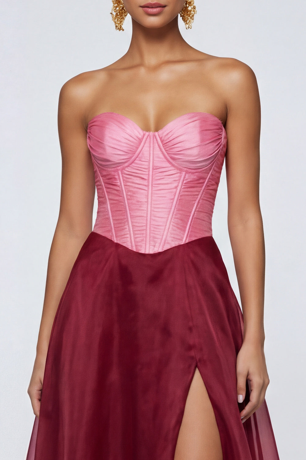 Pink and Burgundy Corset A Line Patchwork Long Evening Dress with Ruffles