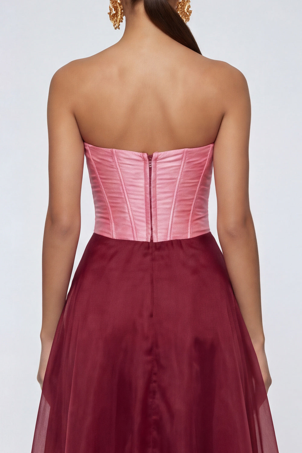 Pink and Burgundy Corset A Line Patchwork Long Evening Dress with Ruffles