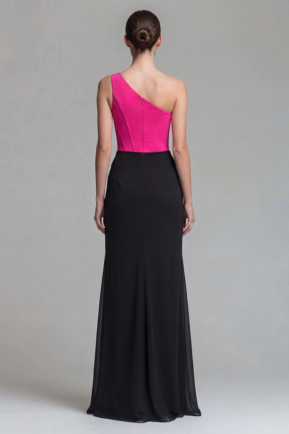 Fuchsia and Black Corset One Shoulder Patchwork Mermaid Maxi Evening Dress