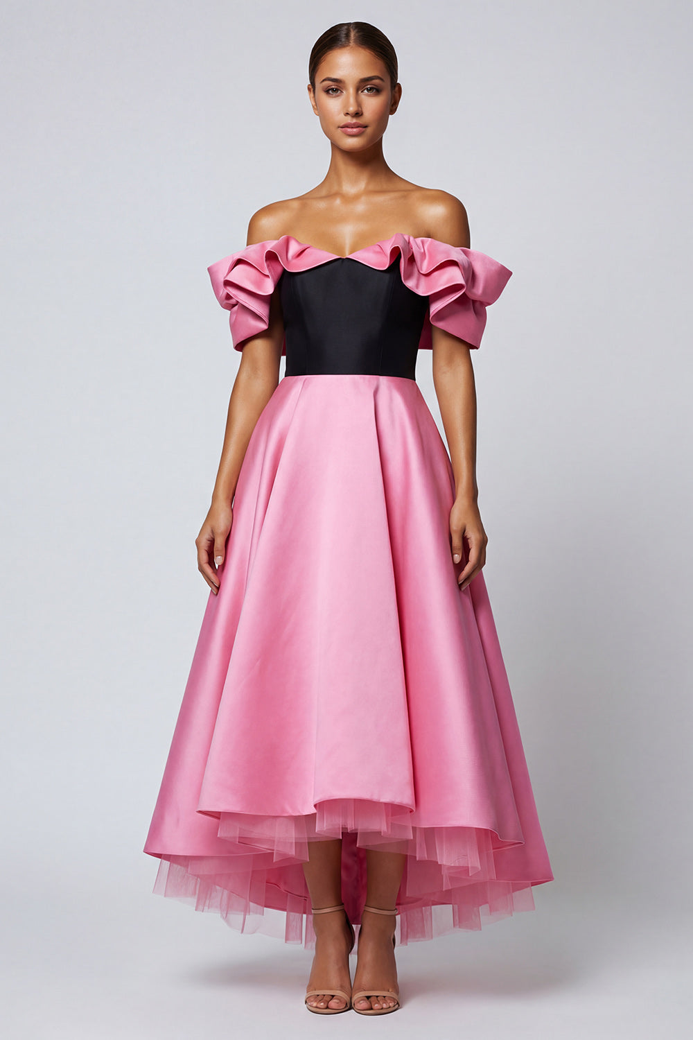 Black and Pink A Line Long RUffled Off the Shoulder Patchwork Evening Dress