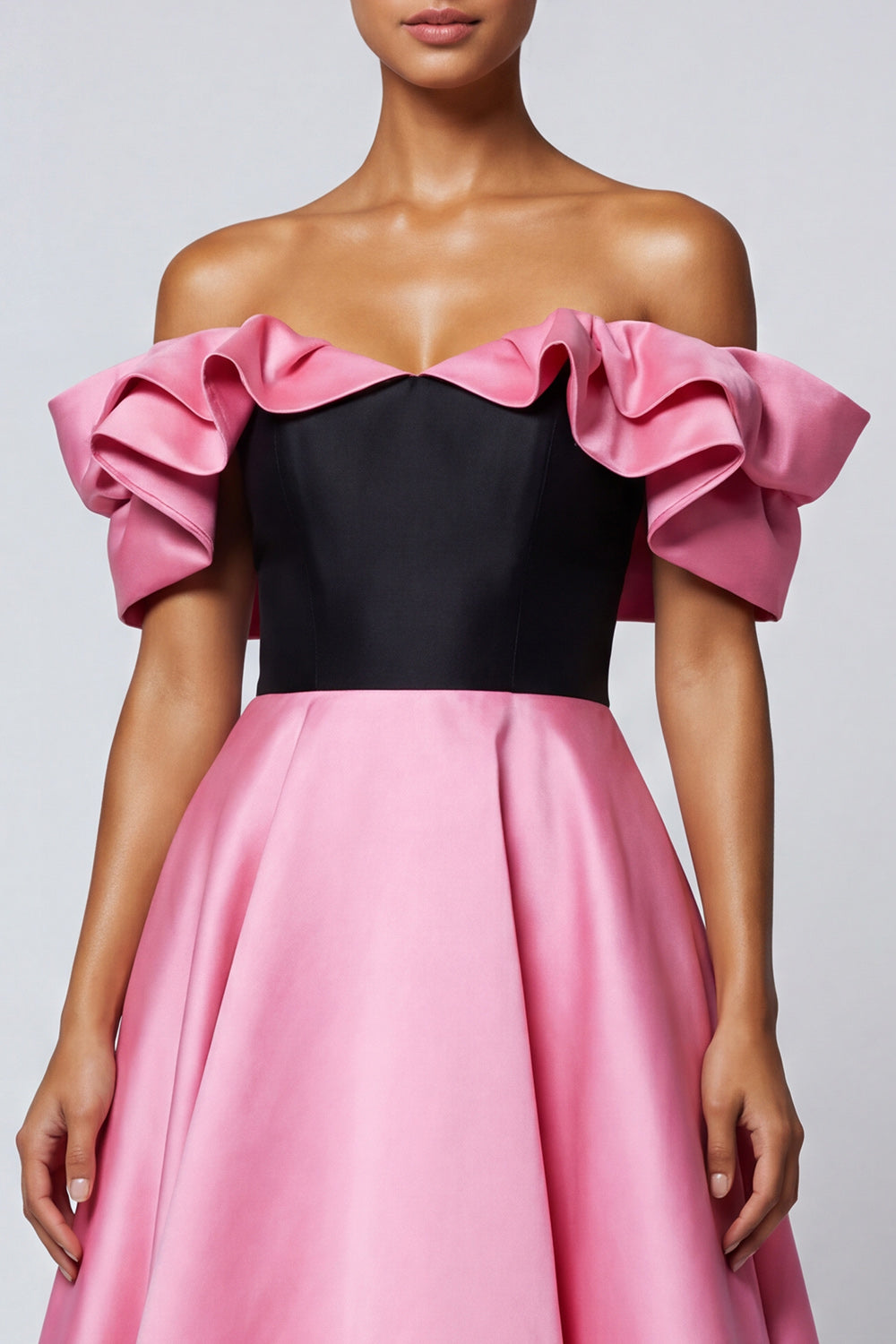 Black and Pink A Line Long RUffled Off the Shoulder Patchwork Evening Dress
