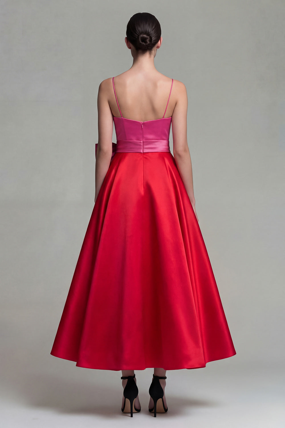Fuchsia and Red A Line Spaghetti Straps Patchwork Long Evening Dress with Bow