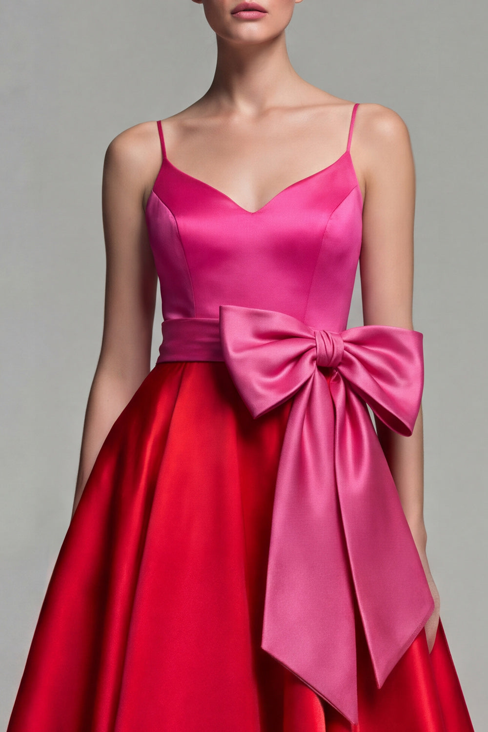 Fuchsia and Red A Line Spaghetti Straps Patchwork Long Evening Dress with Bow