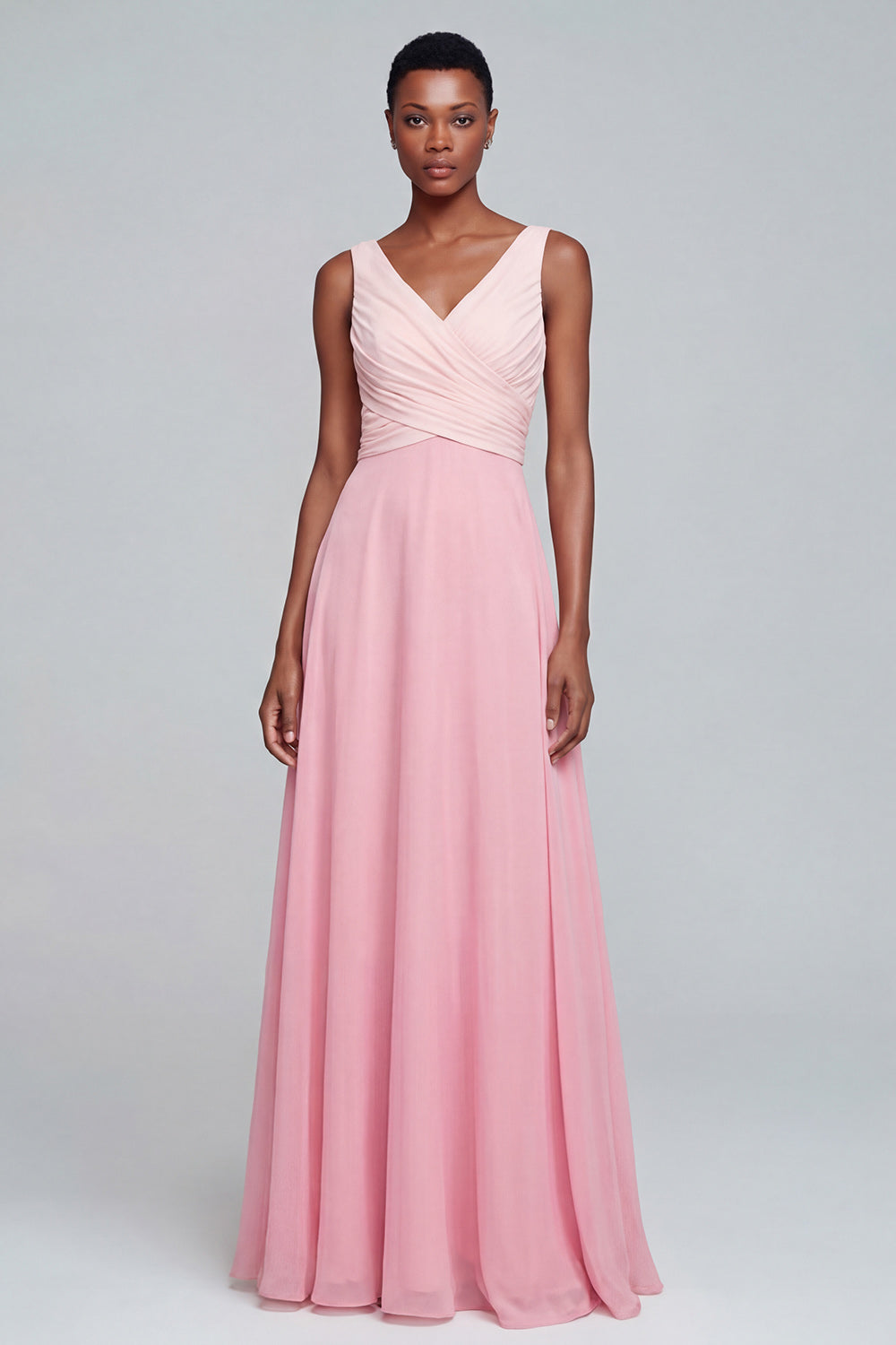 Pink V Neck A Line Ruched Patchwork Long Wedding Guest Dress