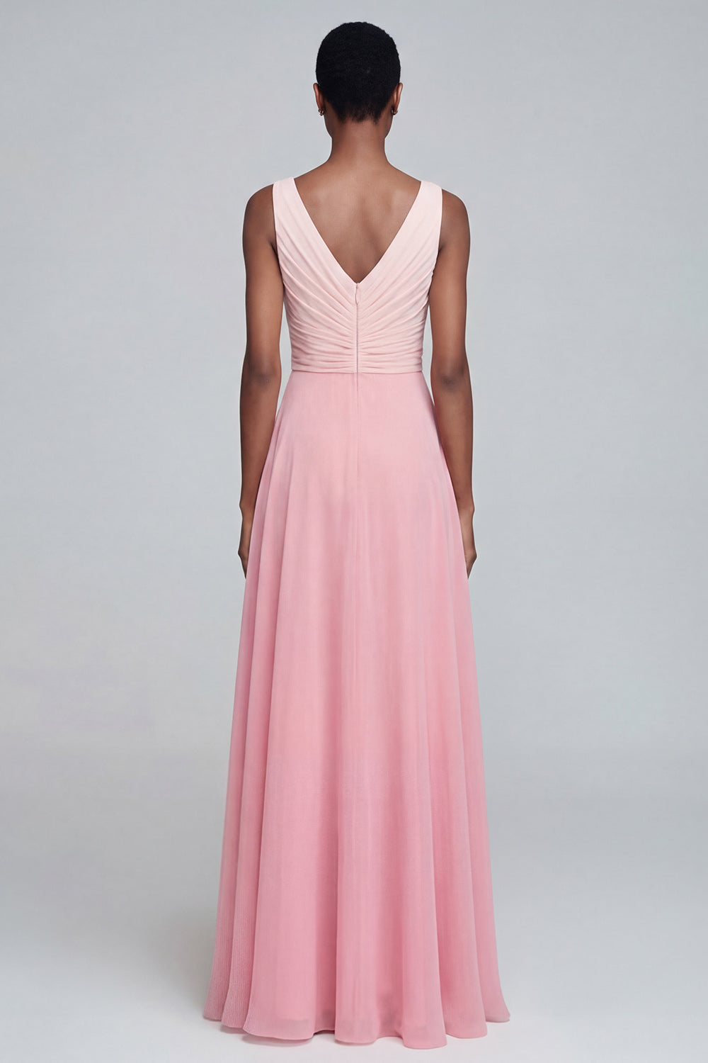 Pink V Neck A Line Ruched Patchwork Long Wedding Guest Dress