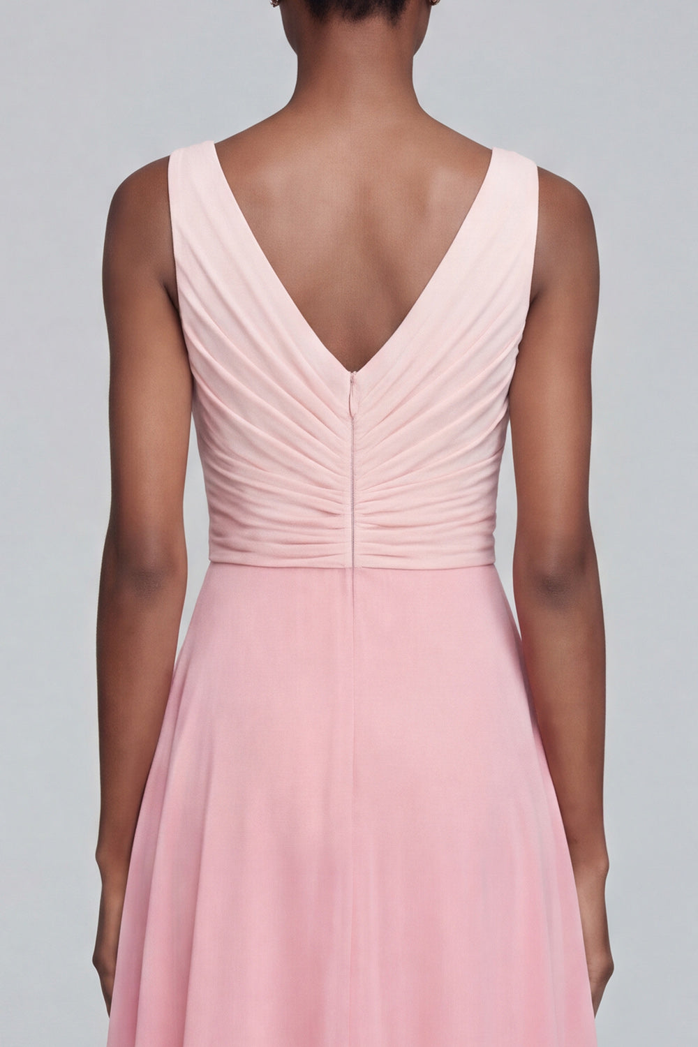 Pink V Neck A Line Ruched Patchwork Long Wedding Guest Dress