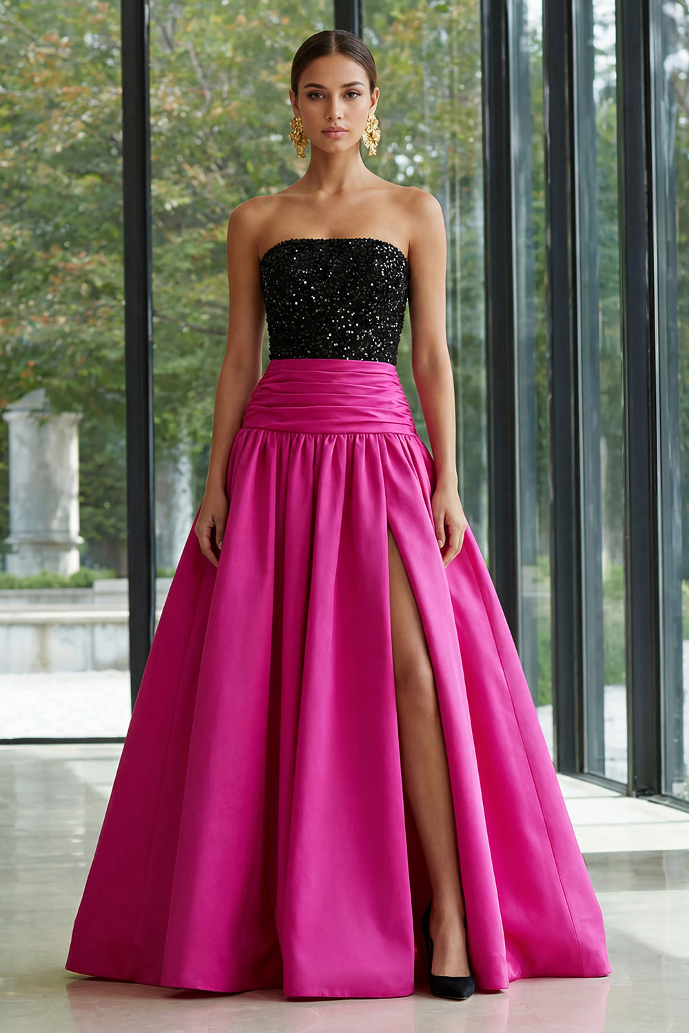 Sparkly Fuchsia and Black A Line Strapless Patchwork Maxi Evening Dress