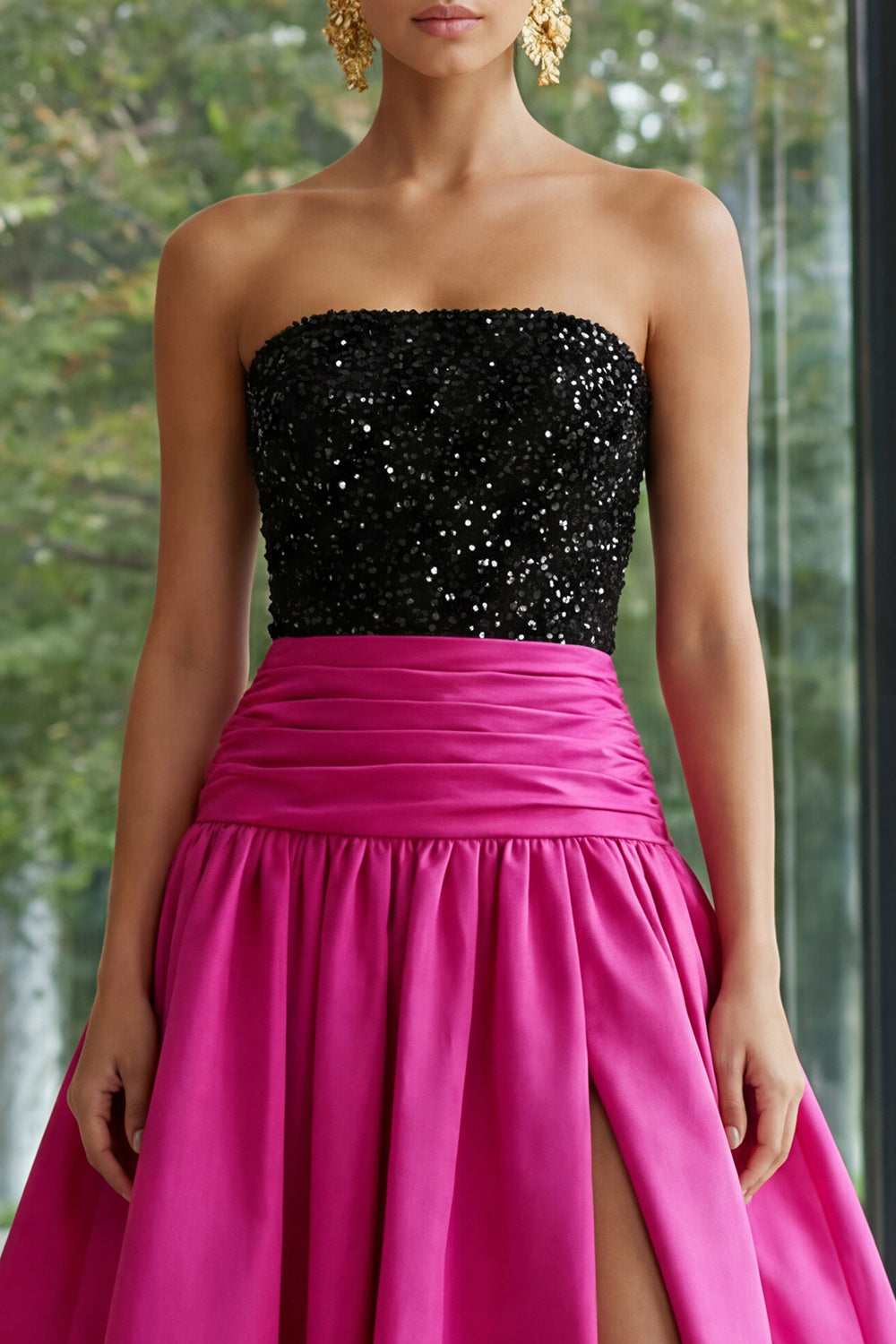 Sparkly Fuchsia and Black A Line Strapless Patchwork Maxi Evening Dress