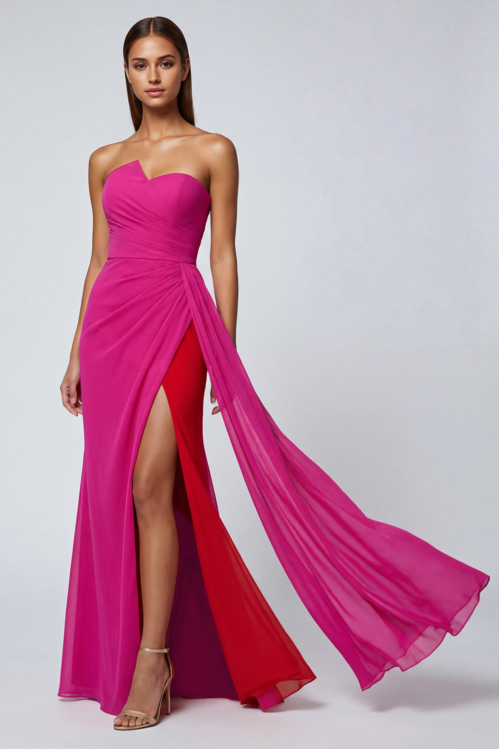 Fuchsia Mermaid Strapless Patchwork Long Wedding Guest Dress with Side Cape