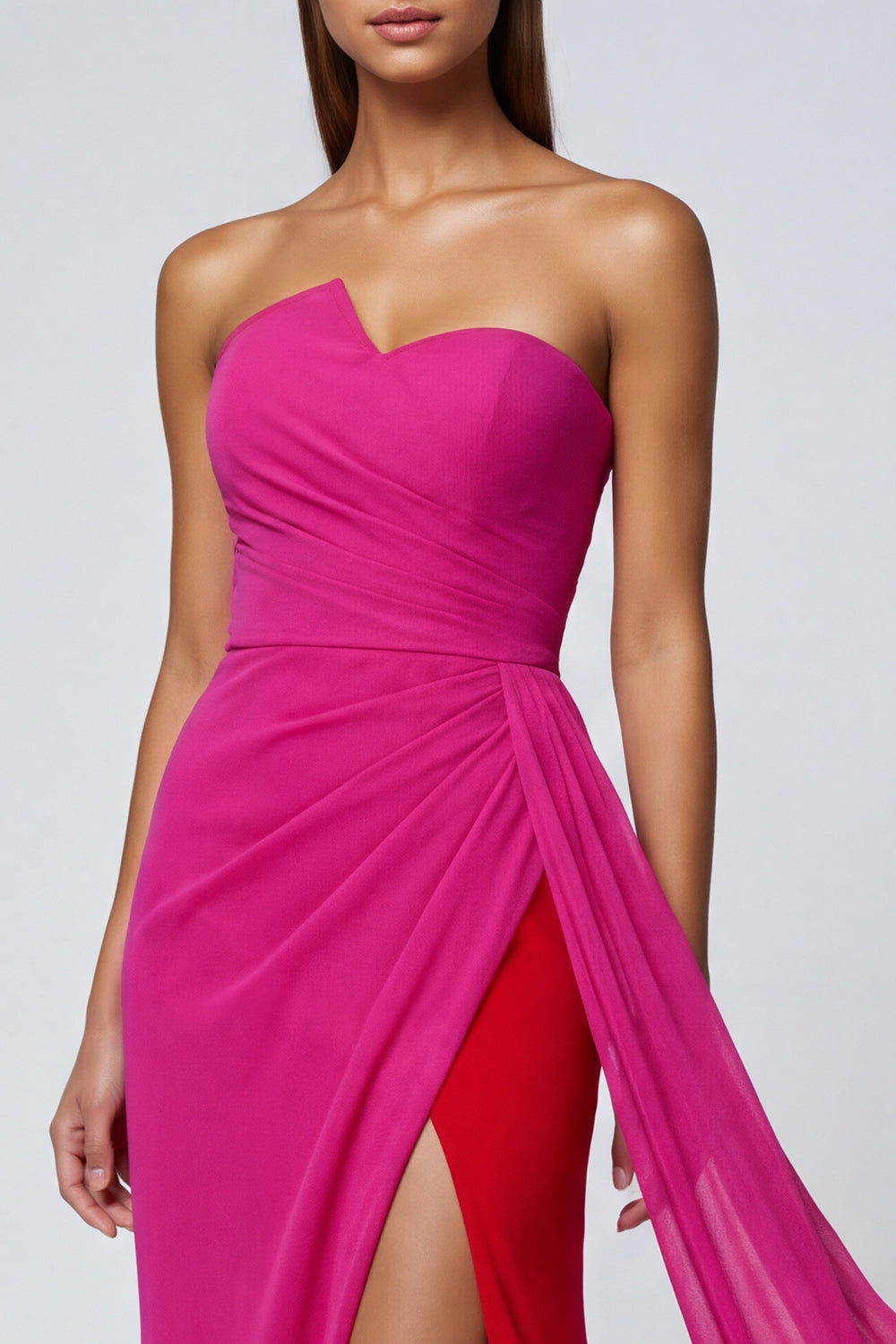 Fuchsia Mermaid Strapless Patchwork Long Wedding Guest Dress with Side Cape