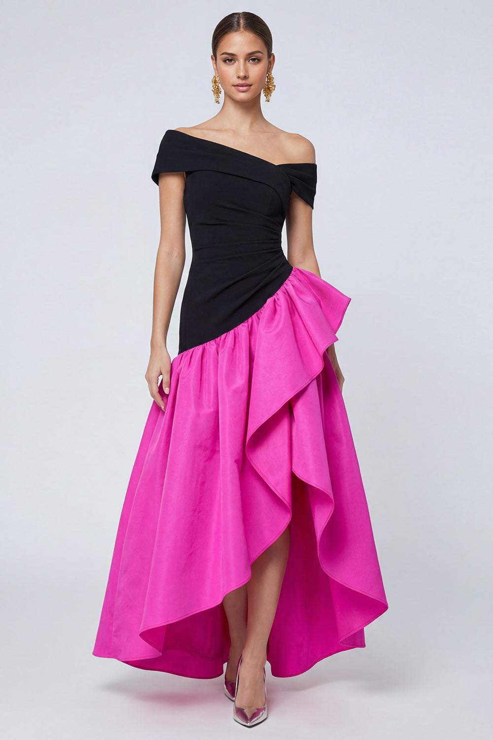 Fuchsia and Black A Line Ruffled Asymmetrical Patchwork Maxi Evening Dress