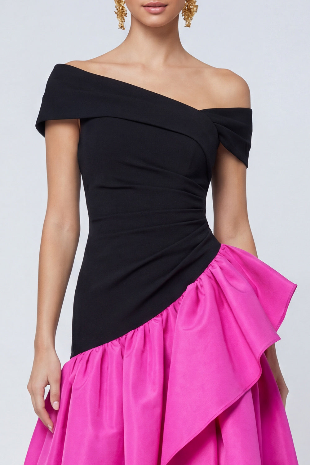 Fuchsia and Black A Line Ruffled Asymmetrical Patchwork Maxi Evening Dress
