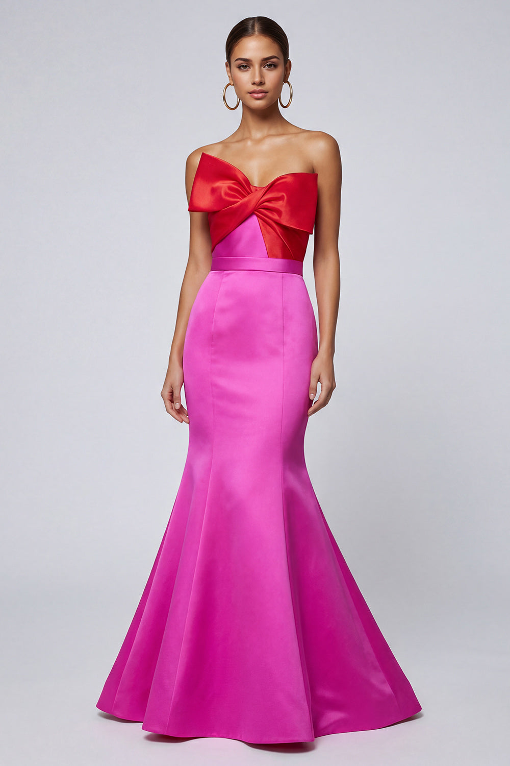 Fuchsia and Red Satin Mermaid Patchwork Long Formal Dress with Bow