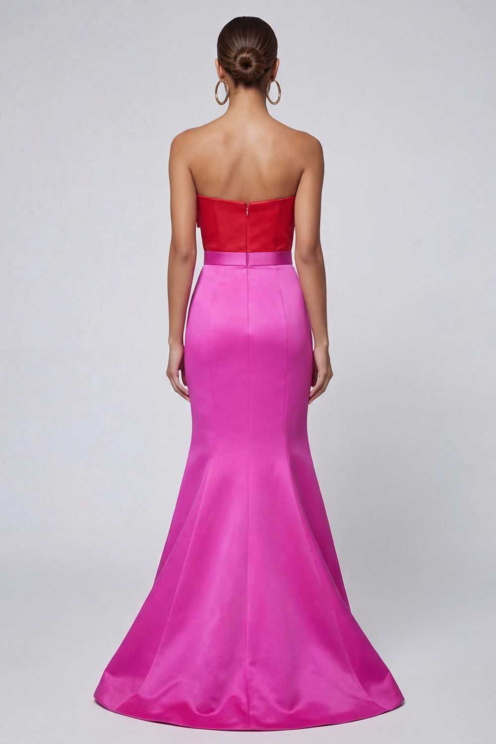 Fuchsia and Red Satin Mermaid Patchwork Long Formal Dress with Bow