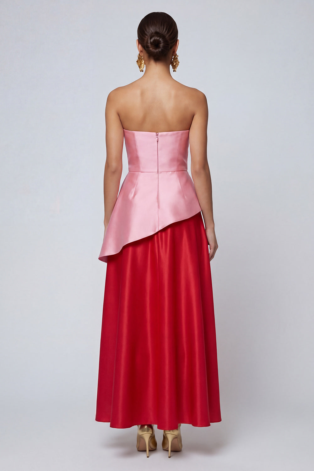 Pink and Red A Line Satin Strapless Patchwork Long Evening Dress