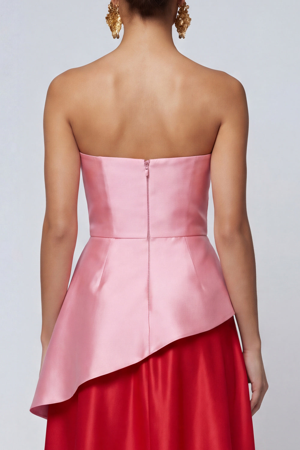 Pink and Red A Line Satin Strapless Patchwork Long Evening Dress
