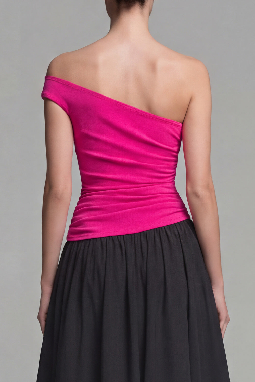 Fuchsia and Black A Line Patchwork One Shoulder Long Evening Dress