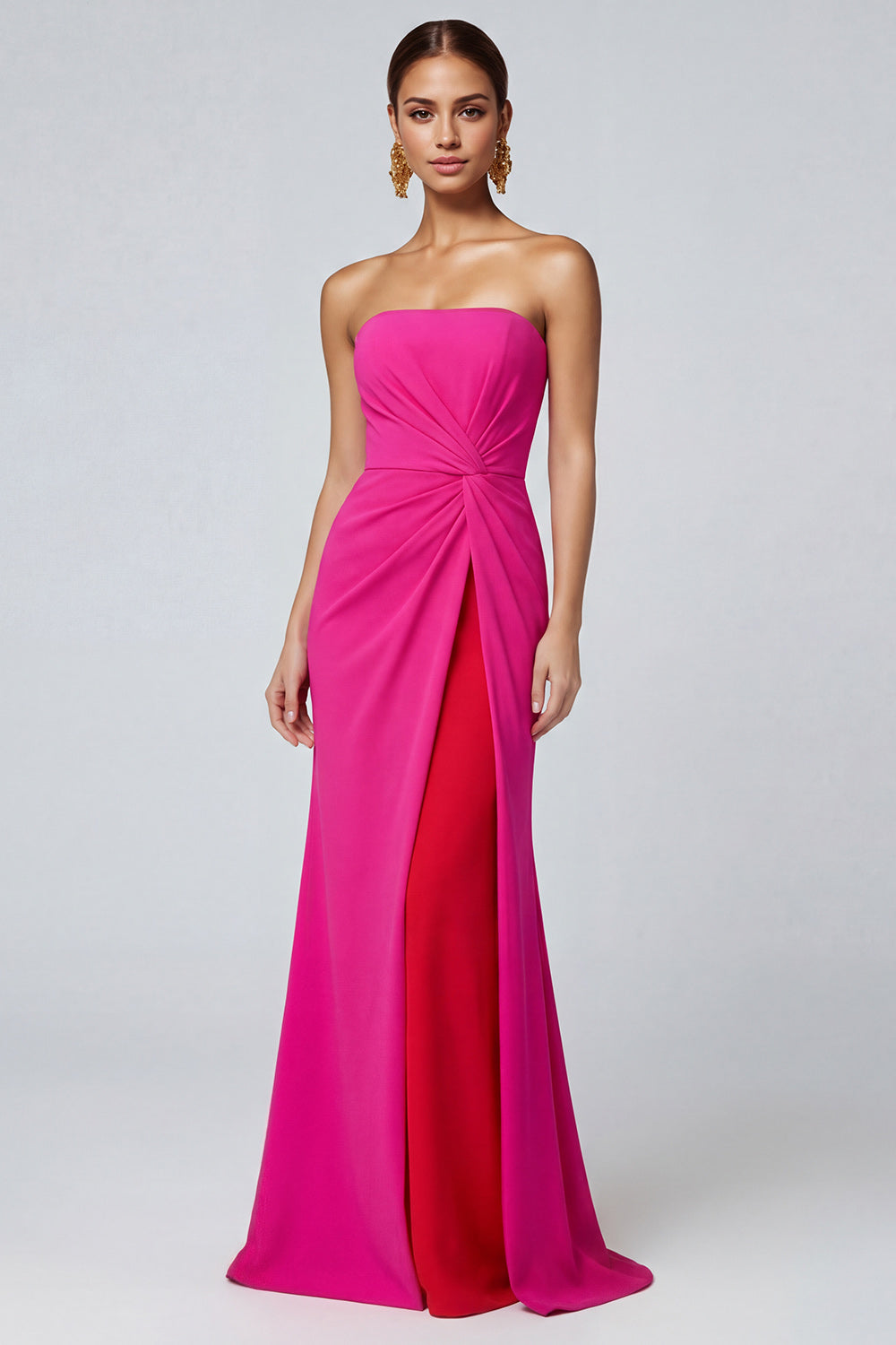 Fuchsia and Red Mermaid Patchwork Strapless Maxi Evening Dress
