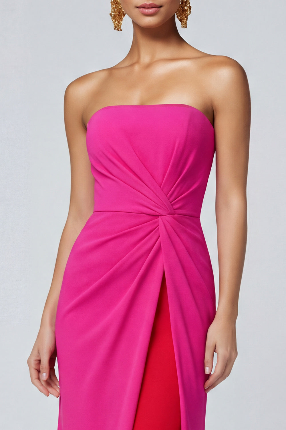 Fuchsia and Red Mermaid Patchwork Strapless Maxi Evening Dress