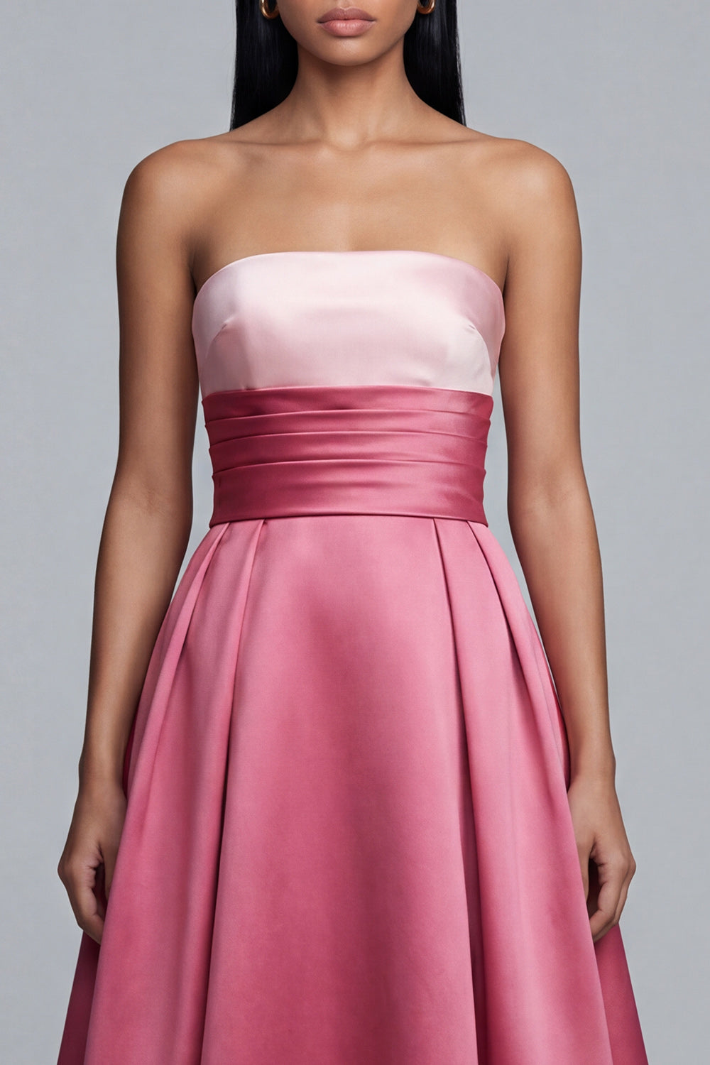 Pink Long A Line Satin Strapless Patchwork Maxi Formal Dress