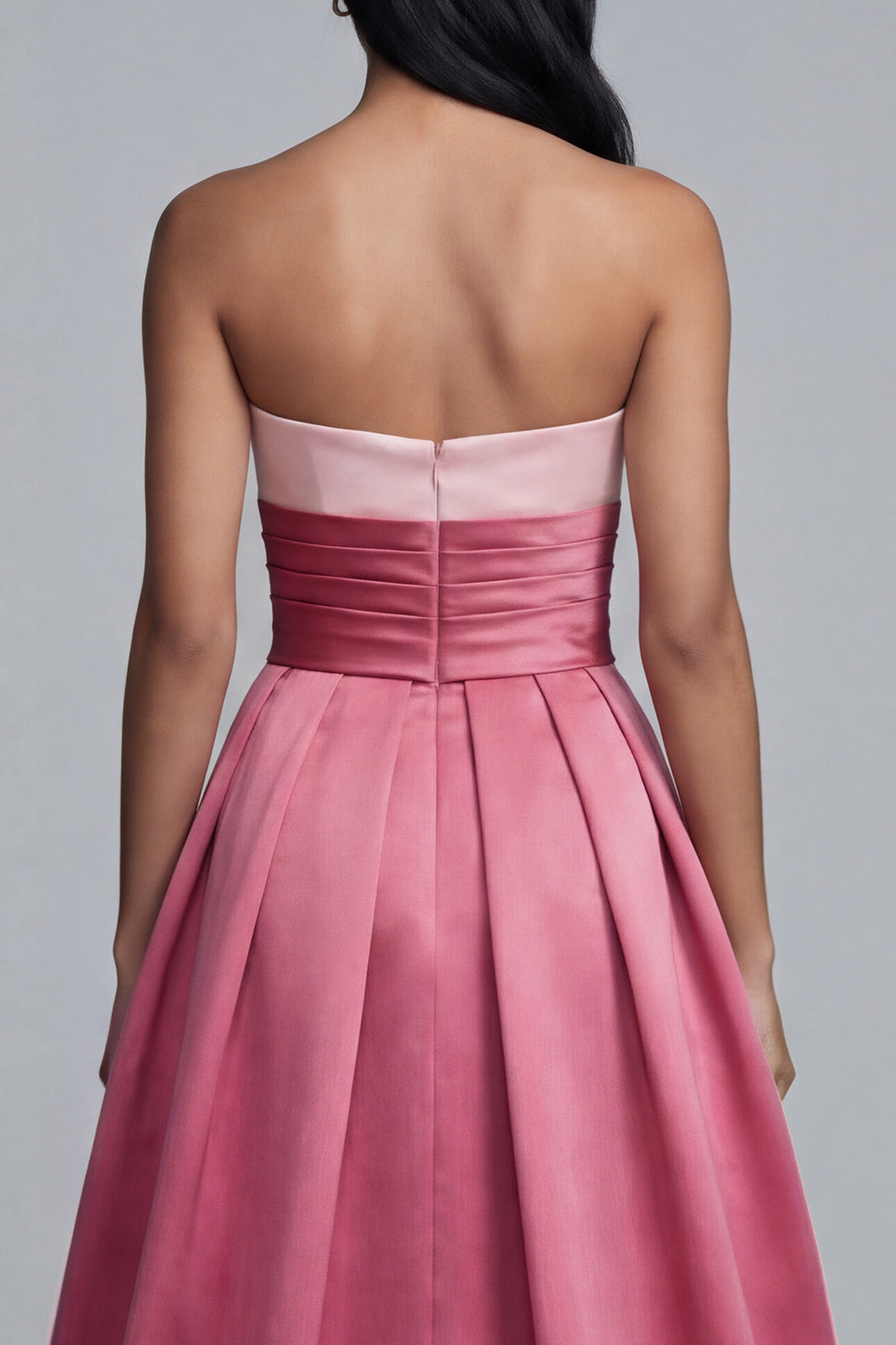 Pink Long A Line Satin Strapless Patchwork Maxi Formal Dress