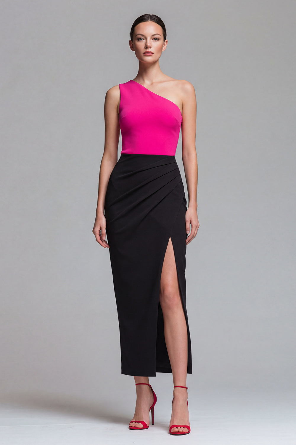 Fuchsia and Black One Shoulder Ruched Patchwork Maxi Evening Dress with Slit