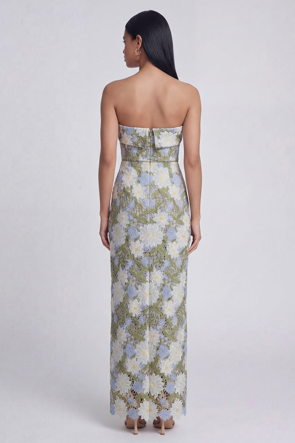 Green Sheath Floral Strapless Maxi Evening Dress with Slit
