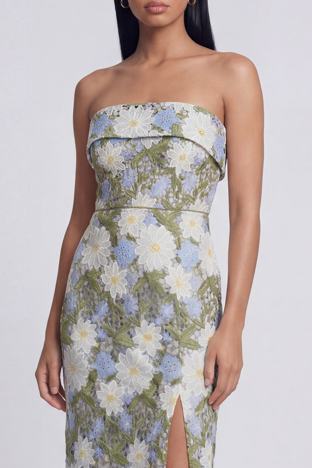 Green Sheath Floral Strapless Maxi Evening Dress with Slit