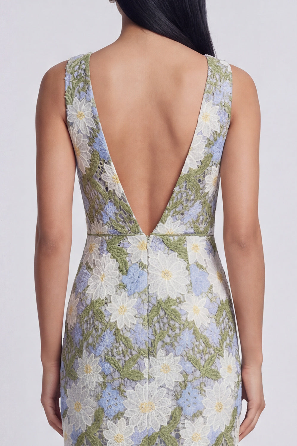 Green Sheath V Neck Floral Printed Long Evening Dress with Slit