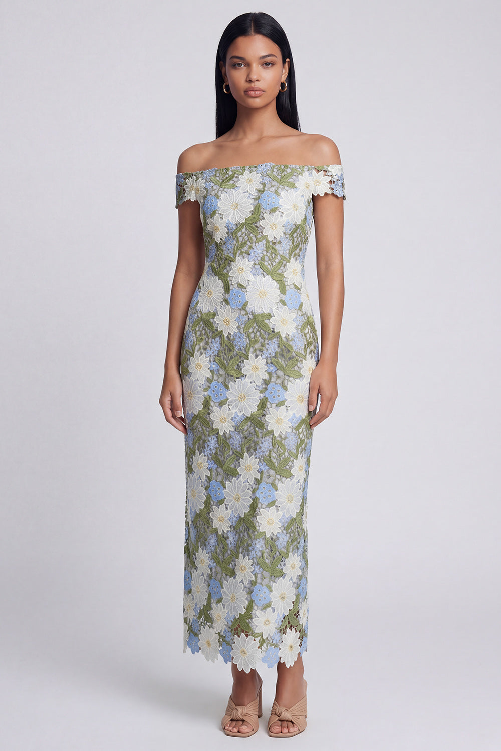 Green Sheath Off the Shoulder Floral Maxi Evening Dress