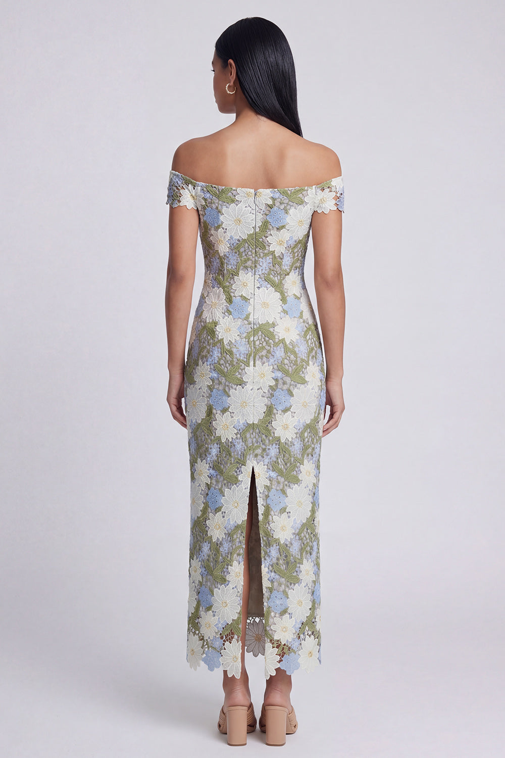 Green Sheath Off the Shoulder Floral Maxi Evening Dress