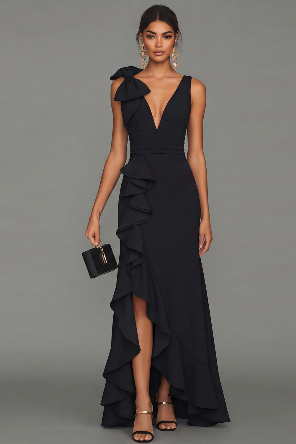 Black Ruffled Deep V Neck Long Evening Dress with Slit