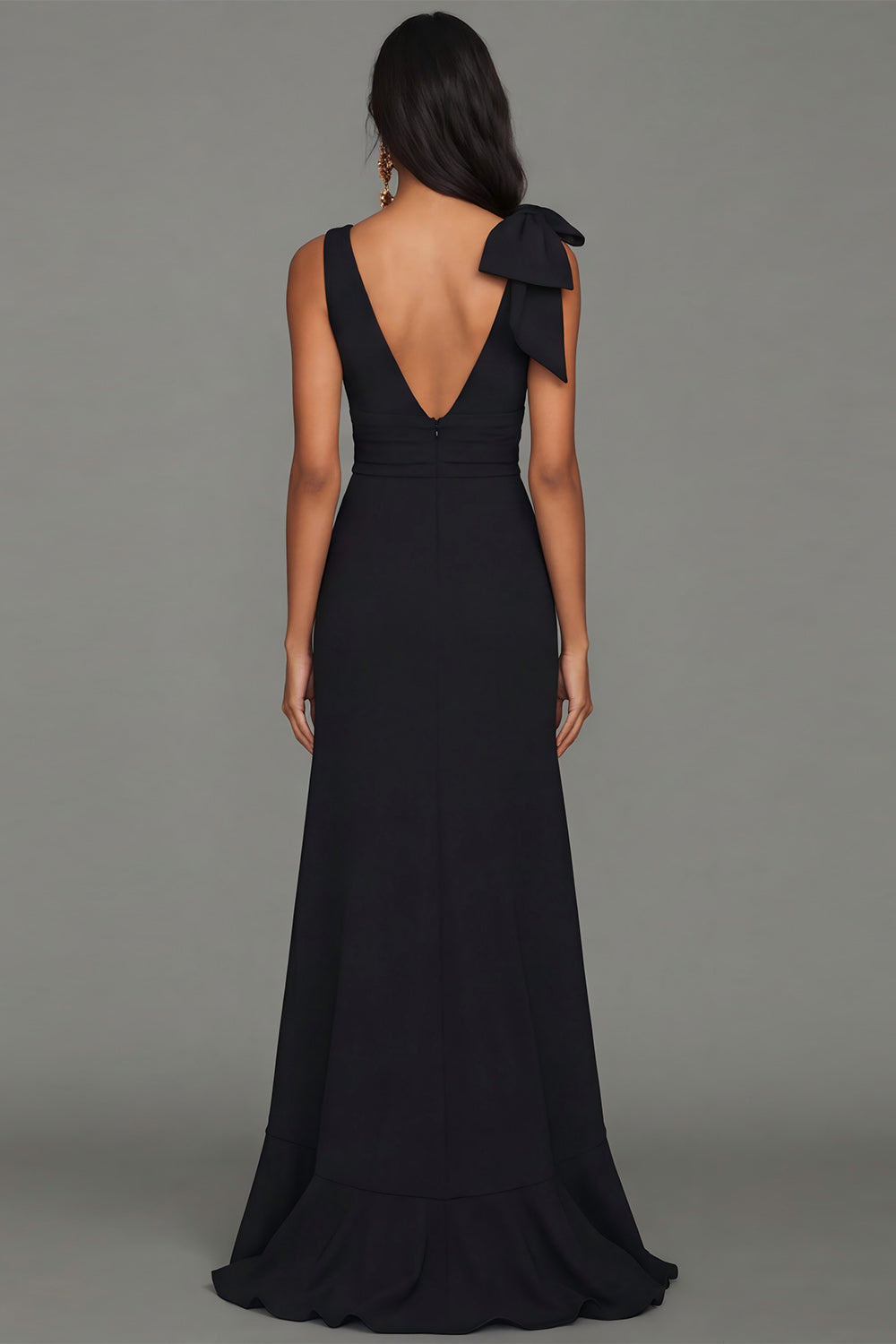 Black Ruffled Deep V Neck Long Evening Dress with Slit