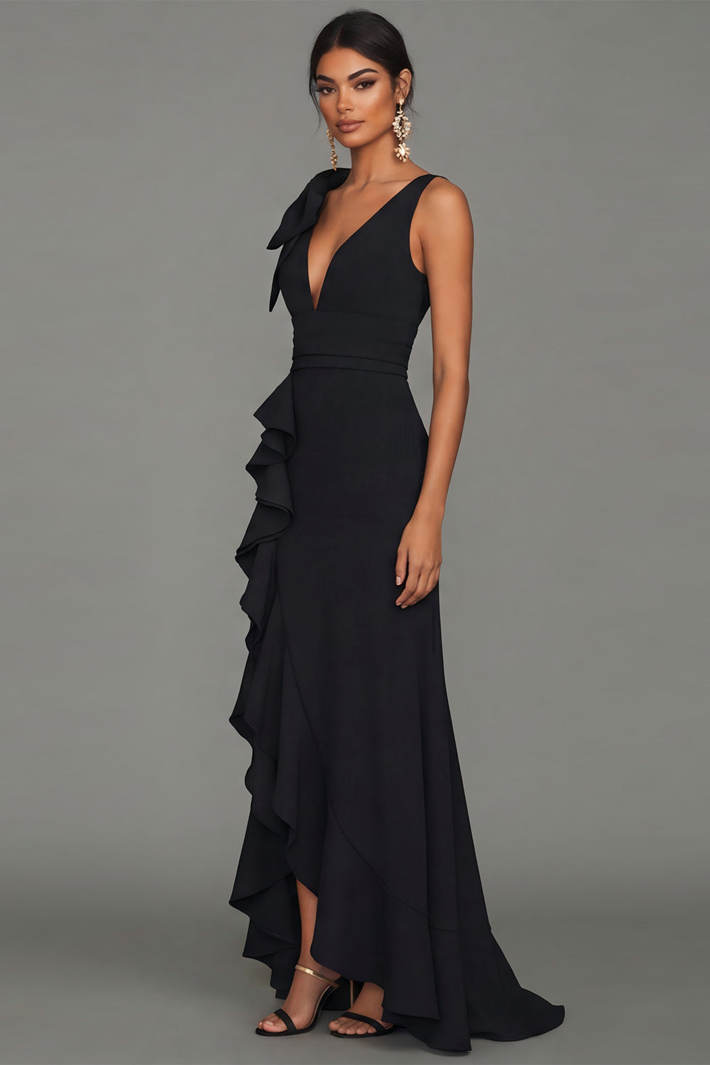 Black Ruffled Deep V Neck Long Evening Dress with Slit