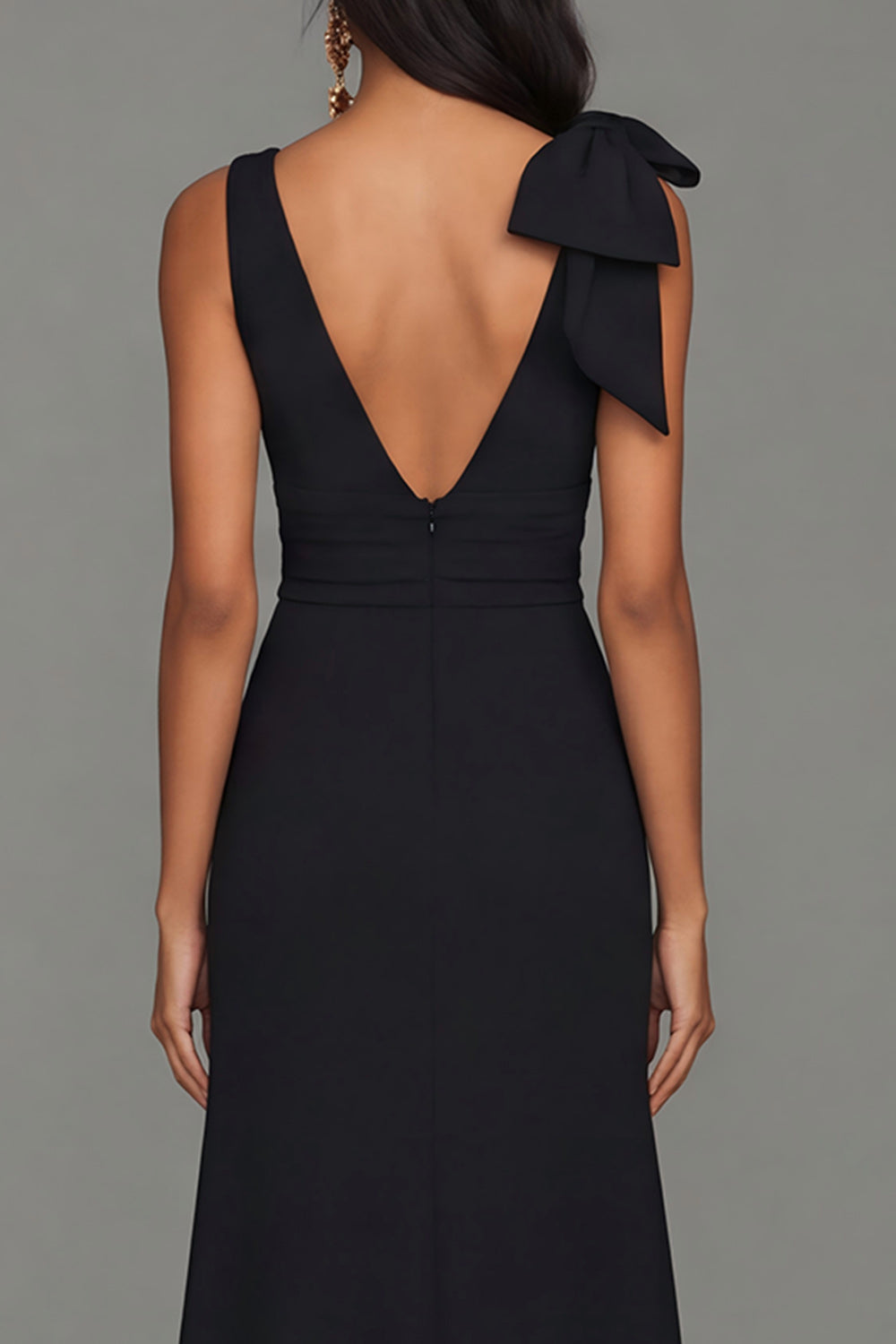 Black Ruffled Deep V Neck Long Evening Dress with Slit