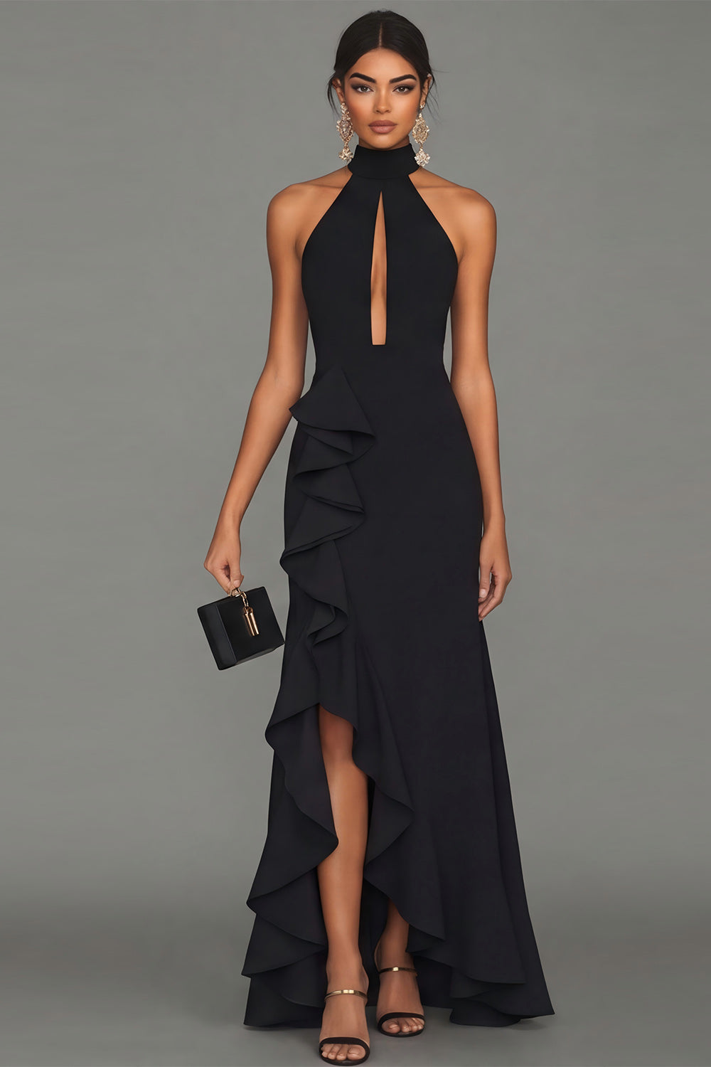 Black Ruffled High Neck Long Evening Dress with Keyhole