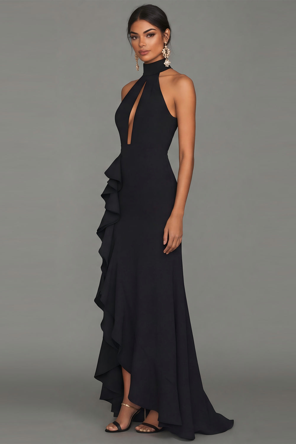 Black Ruffled High Neck Long Evening Dress with Keyhole